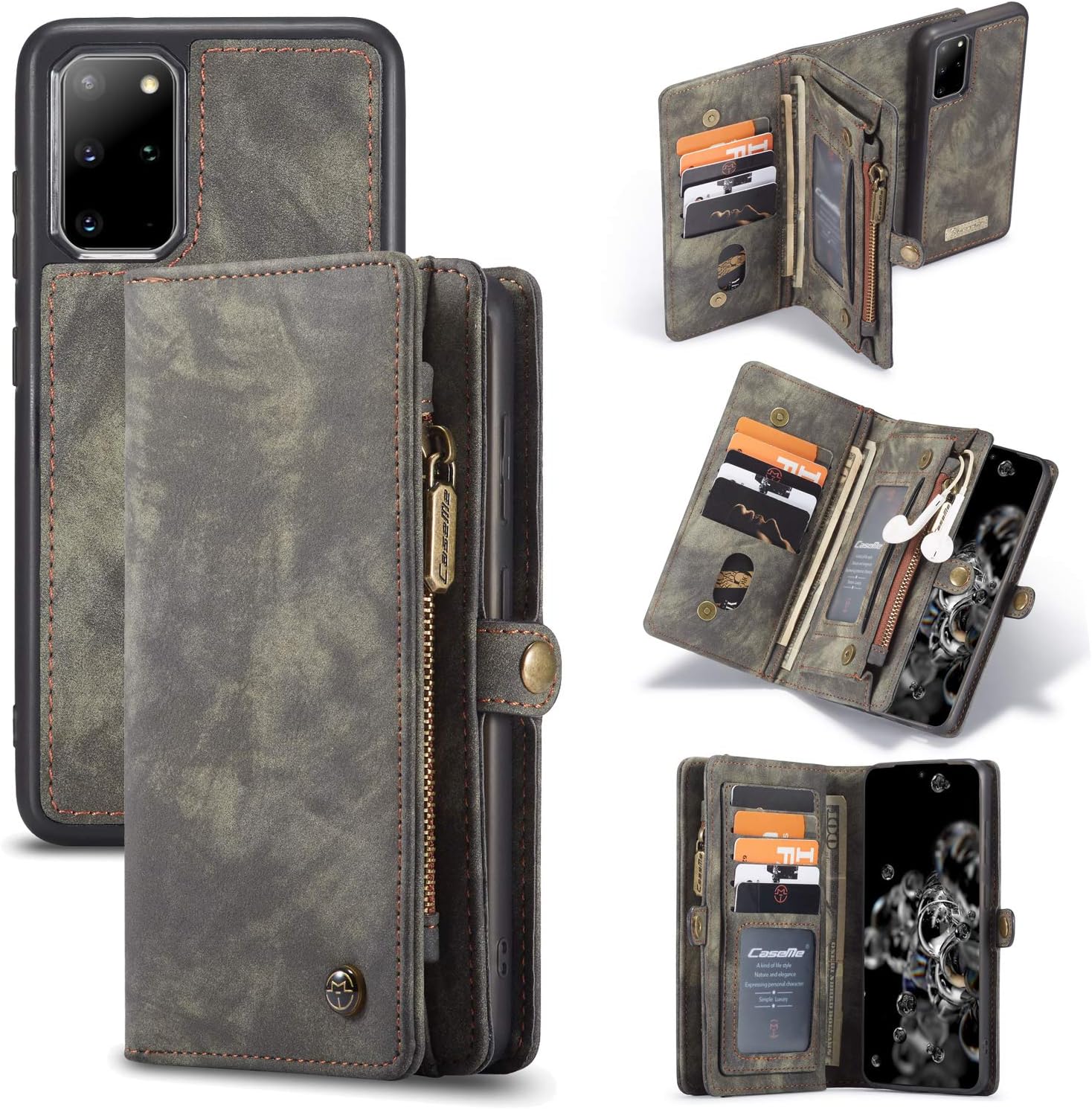 ANROD Detachable Leather Wallet Case for Samsung Galaxy S20 Plus,CaseMe Magnetic Closure 2-in-1 Flip TPU Shockproof Zipper Purse Back Cover with Card Slots (Black) - Image 3