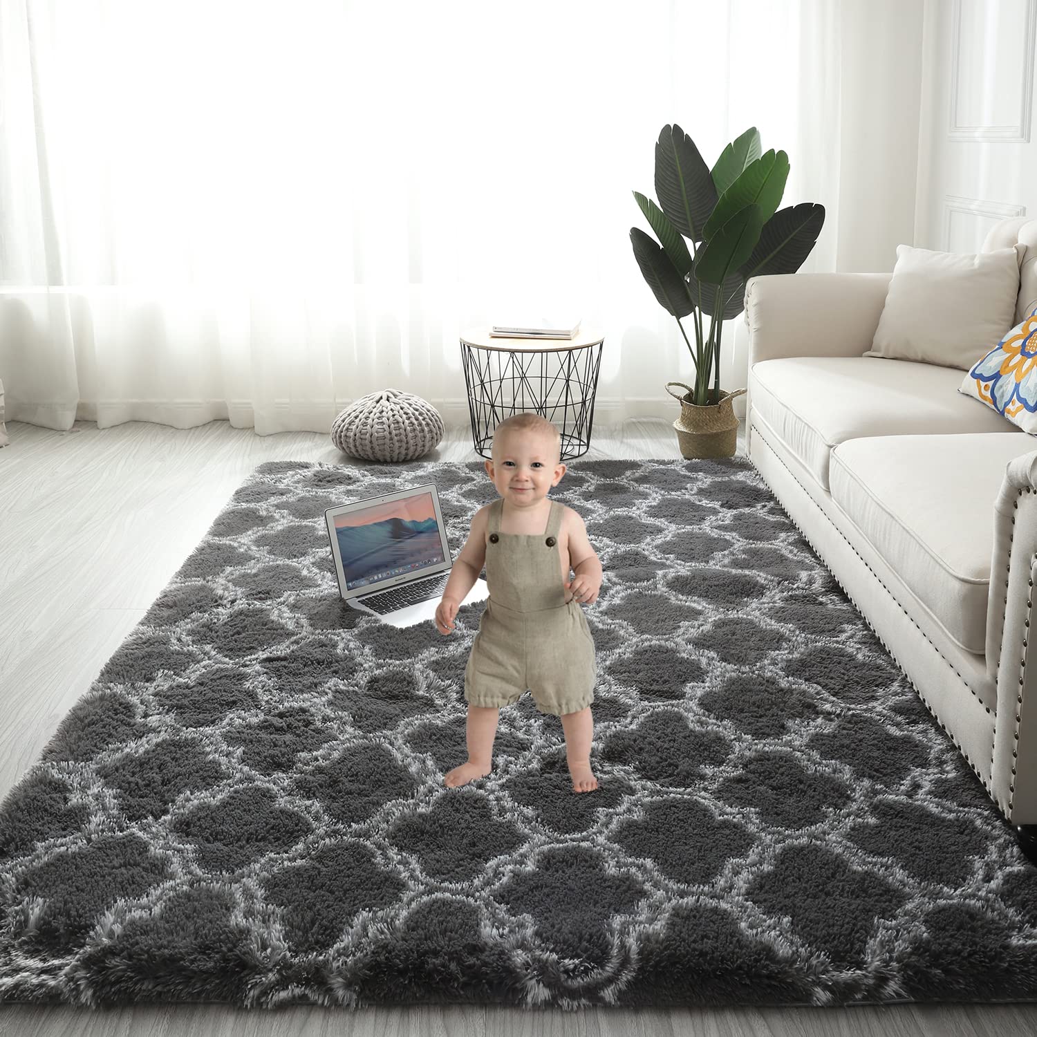 Gsogcax Rugs Living Room 4'×5.3' Super Soft Fluffy Area Rugs for Bedroom Shaggy Anti-Skid Comfortable Large Rugs Indoor Modern Home Decor Floor Carpet - Dark Grey&White 120x160