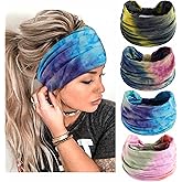 STGDAK Boho Headbands For Women Fashion Stretch Wide Hair Bands Tie Dye Knoted Turban Head Bands Yoga Running Sweatband Elastic Headband Stylish Wrap Headbands Hair Accessories for Teen Girls 4 Pack