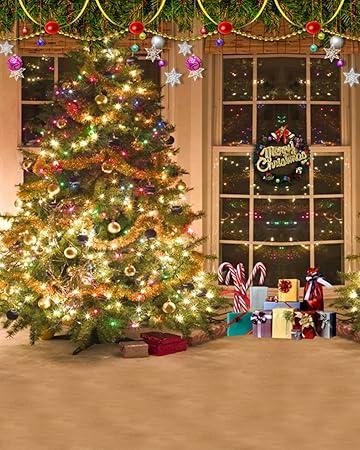 Sfondi Natalizi Vintage.Christmas Window Fondali Fotografia Vintage Bling Albero Di Natale Con Regali Su Sfondo Marrone Floor Studio Fotografico Digitale Amazon It Elettronica