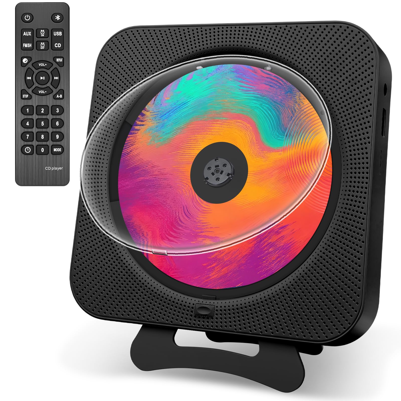 Canareen CD Player with Radio Boombox - Upgraded Bluetooth CD Player Wall Mounted Desk Stand with Dust Cover & LED Screen | 3.5mm AUX Jack with Remote Control Home Audio FM Radio USB MP3 (Black)