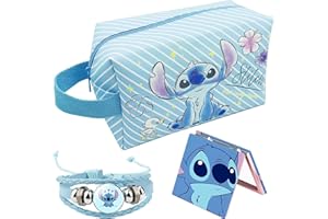 LOYEJEGL Stitch Stuff Travel Cosmetic Bag + Double Sided Cosmetic Mirror + Strings,Large Capacity PU Travel Toilet Bag Makeup Accessories Organizer, Best Gift for Girls and Women (Blue-Stitch)