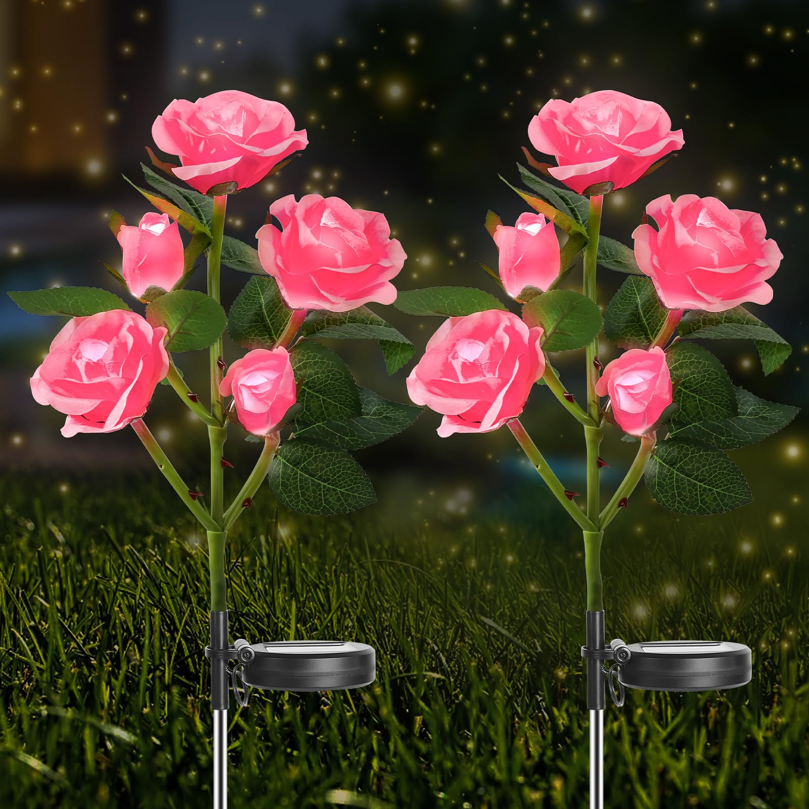 NEWNEN Solar Lights Outdoor, 2 Pack Solar Powered Waterproof with 10 Bigger Pink Rose, Waterproof Garden Flower Lighting Outdoor Ornament for Lawn Patio Pathway Party Wedding — image 1