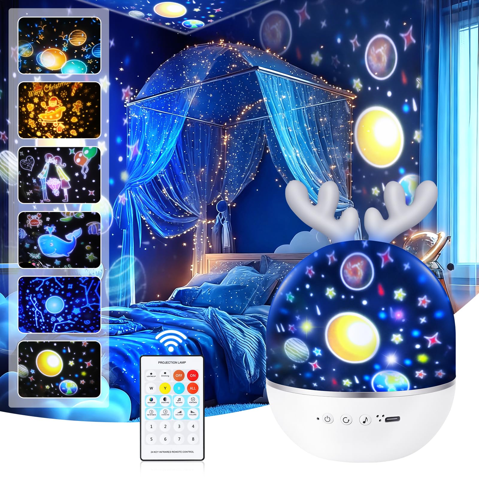 URAQT Star Light Projector with Music, Night Light Kids with Remote Control&Timer, 360° Rotation Star Projector Night Light with 4 Light Modes/6 Projection Themes/7 Brightness/8 Kinds of Music(Deer)