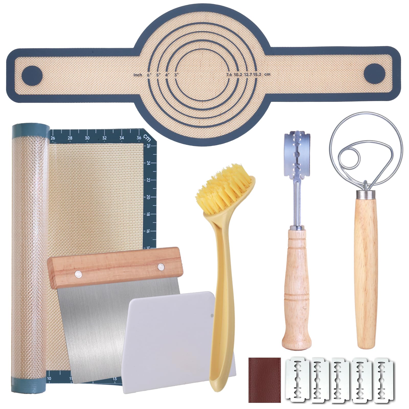 Photo 1 of Bread Making Tools and Supplies, Set of 7, inclued Silicone Pastry Mat, Round Baking Mat, Sourdough Danish Dough Whisk, Bread Lame Dough Scoring, Bread Scraper Dough Cutter, Perfects Gift for Baker