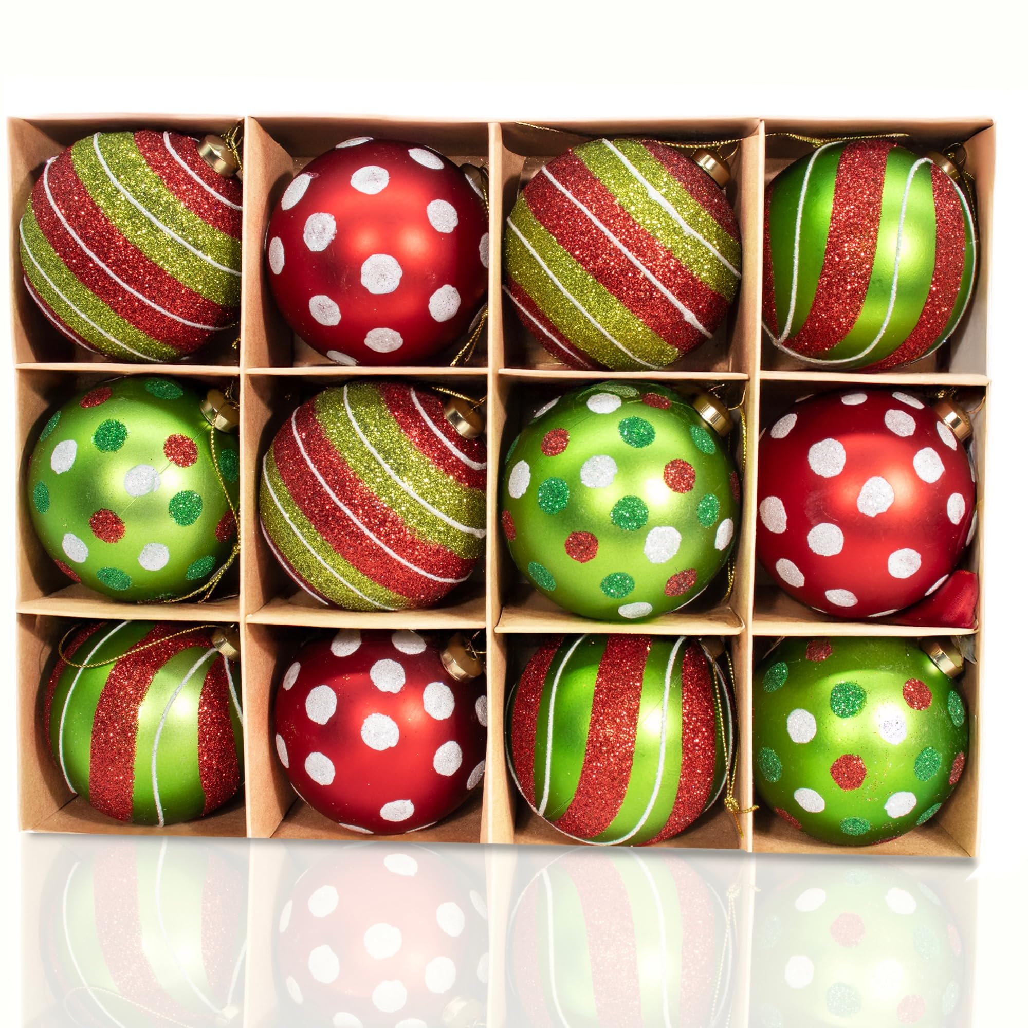 Photo 1 of 12PCS Green Red Christmas Ball Ornaments, 3.15" Large Shatterproof Plastic Hand-Painted Glitter Xmas Tree Decorations (Green)