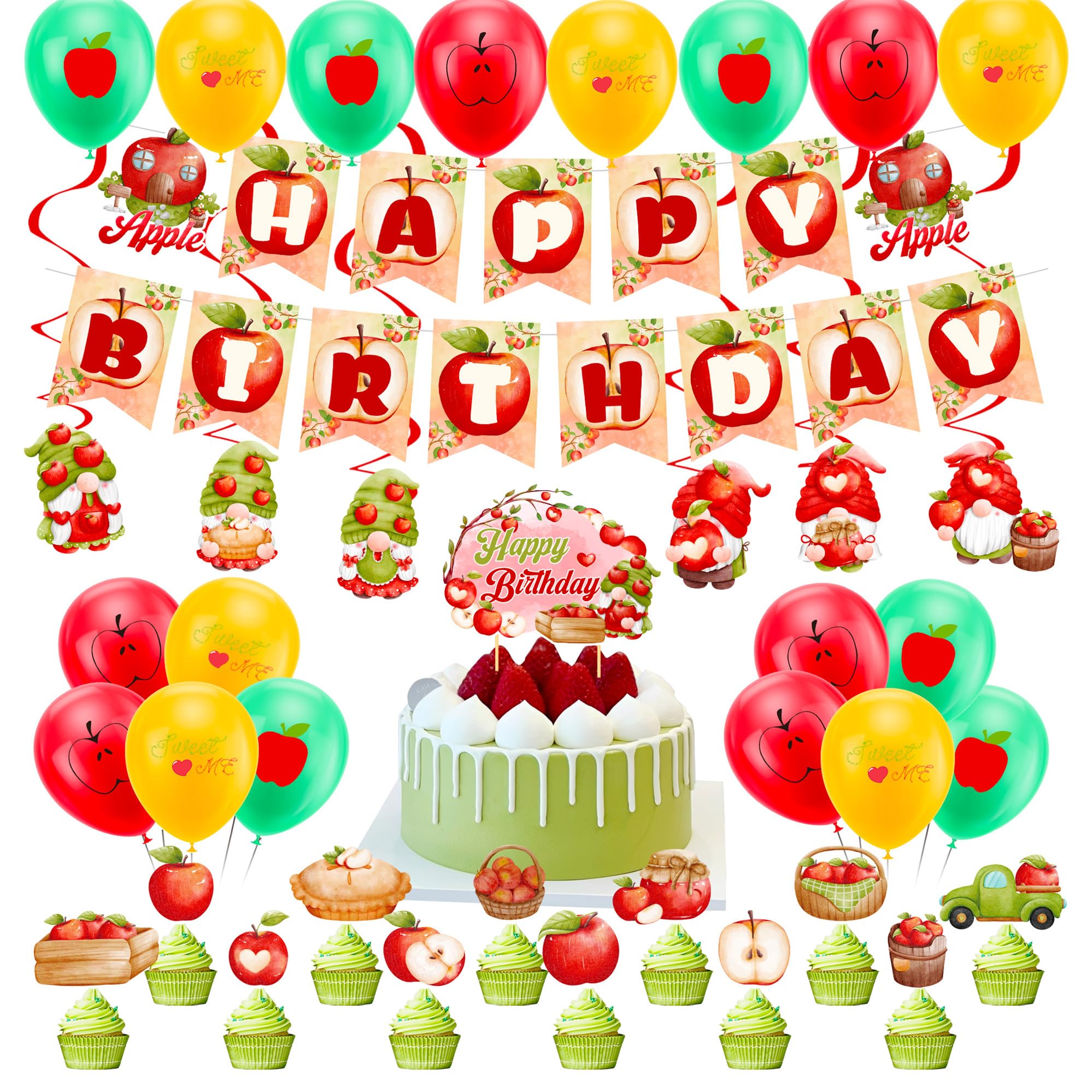 Photo 1 of 38Pcs Apple Theme Birthday Party Supplies and Decorations Apple Happy Birthday Banner,Latex Balloon, Cupcake Toppers, Set Fruit Birthday Party Supplies for Kids Family