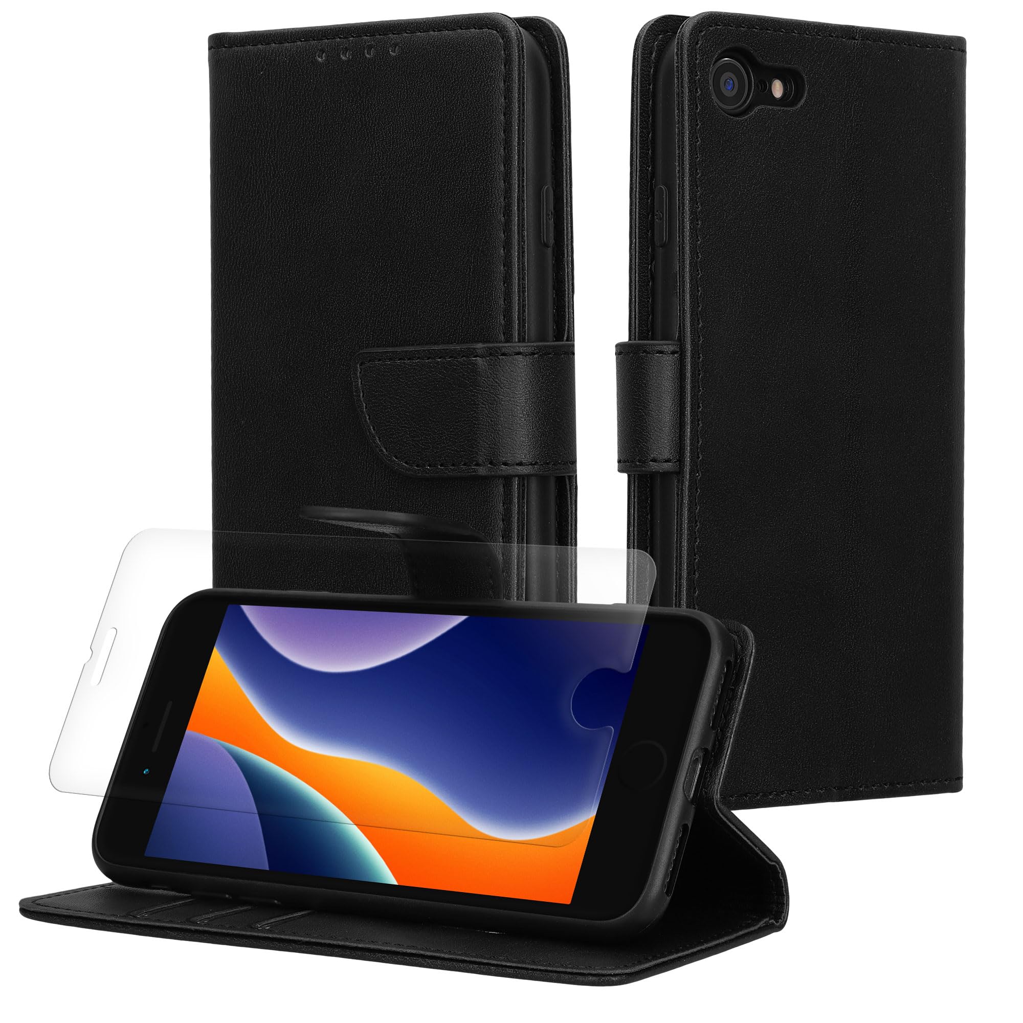 kwmobile PU Faux Leather Case Compatible with Apple iPhone SE (2022) / iPhone SE (2020) / iPhone 8 / iPhone 7 - Wallet Case with Screen Protector - Black