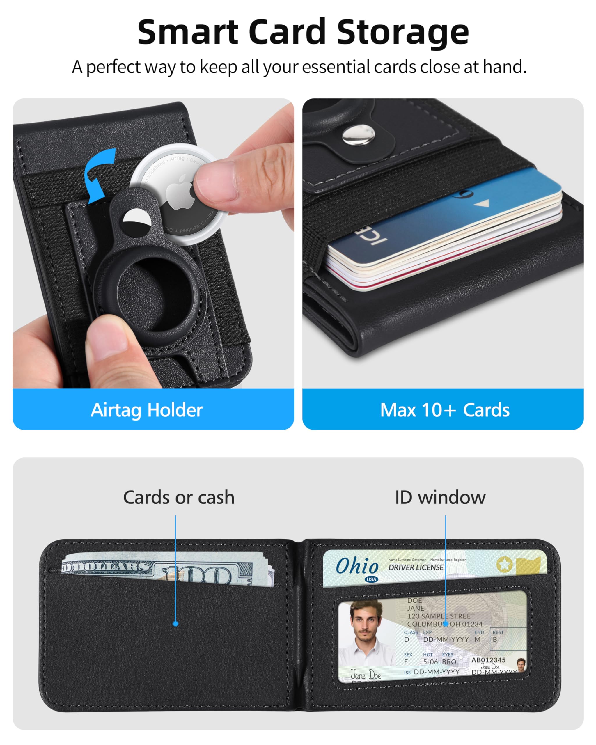 ExtreLife ExtreLife for Magsafe Wallet Stand with Airtag Holder, Strongest Magnetic Wallet for iPhone 16/15/14/13/12 Series, ID Window, 4 Card Slots, 10 Cards Holder, Vegan Leather, RFID Blocking, Black