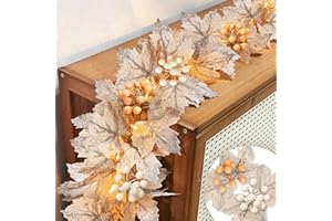 TURNMEON 6 Ft Thanksgiving Garland with Lights Timer Function, Fall Garland with Berries Vine Foliage Lights Automatic ON/Off Timer Thanksgiving Table Decorations for Home Mantle Fireplace Porch Winter Party