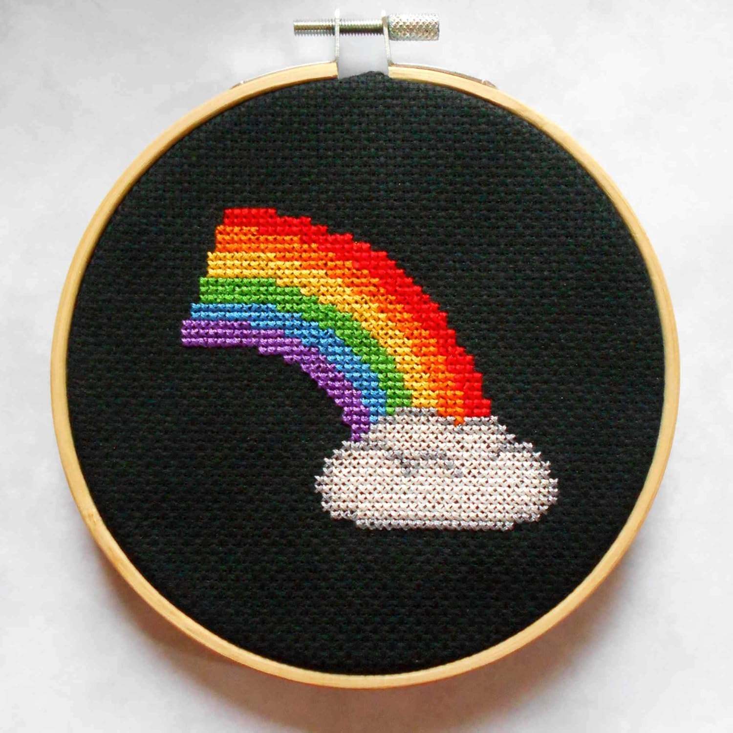 Rainbow Cross Stitch Kit With 5 inch Hoop on Black Beginners Counted