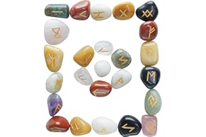 Crocon Mix Chakra Rune Stones Set Engraved with Elder futhark Crystal Runes Set, Reiki Healing runas for Meditation Chakra Balancing, Rune Stone for Beginners with Crystal Guide & Pouch |15-20 mm