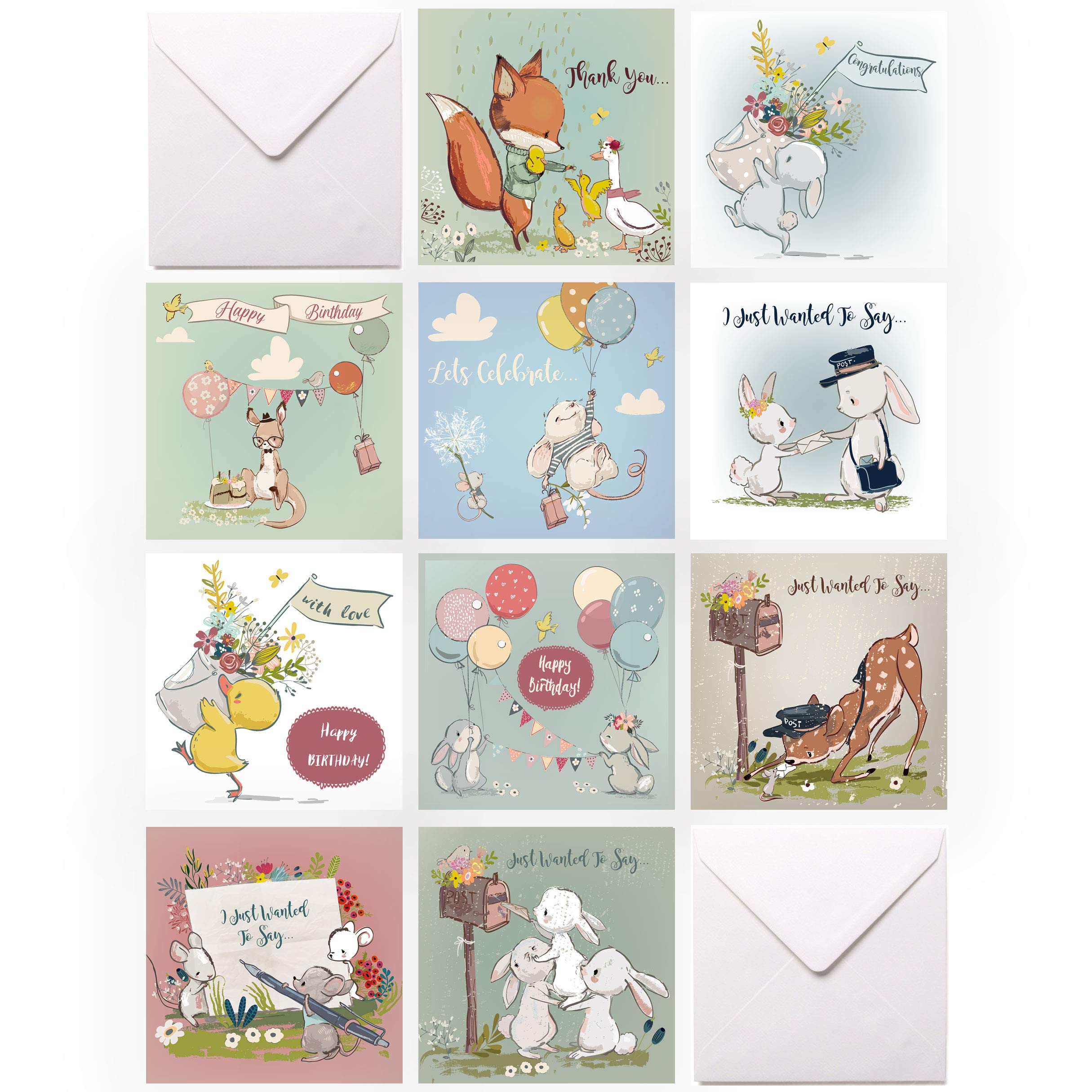 20 Greeting Cards Multipack Cute Vintage Animal Variety, Thank You Cards, Happy Birthday, Congratulations, Just wanted To Say, with 20 envelopes for Females, Girls, Boys and Men