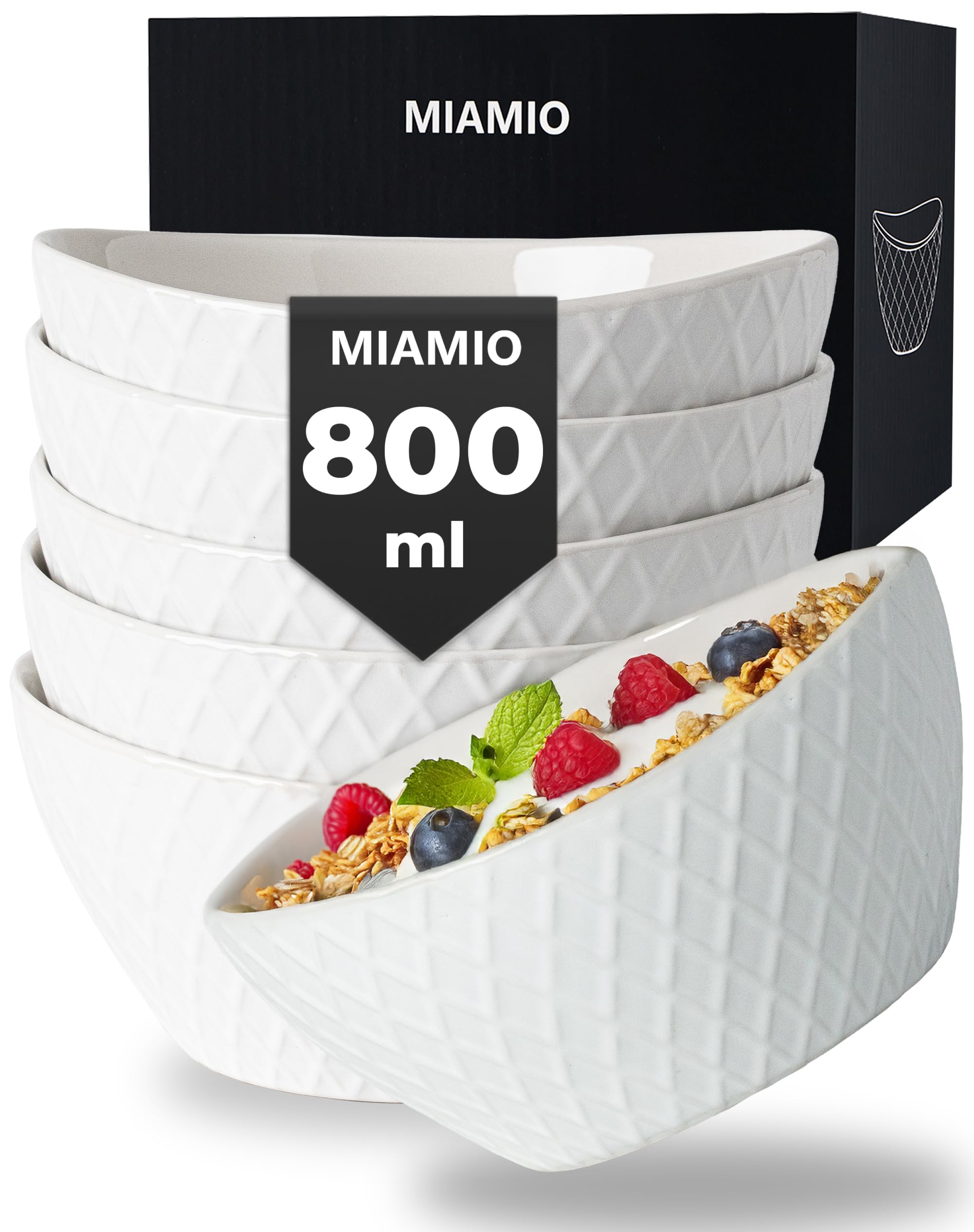 MIAMIO - 6 x 800 ml - Bowl Set/Cereal Bowl Set - Modern Bowls Matte – Bowls Set Large - Palmanova Collection (White)