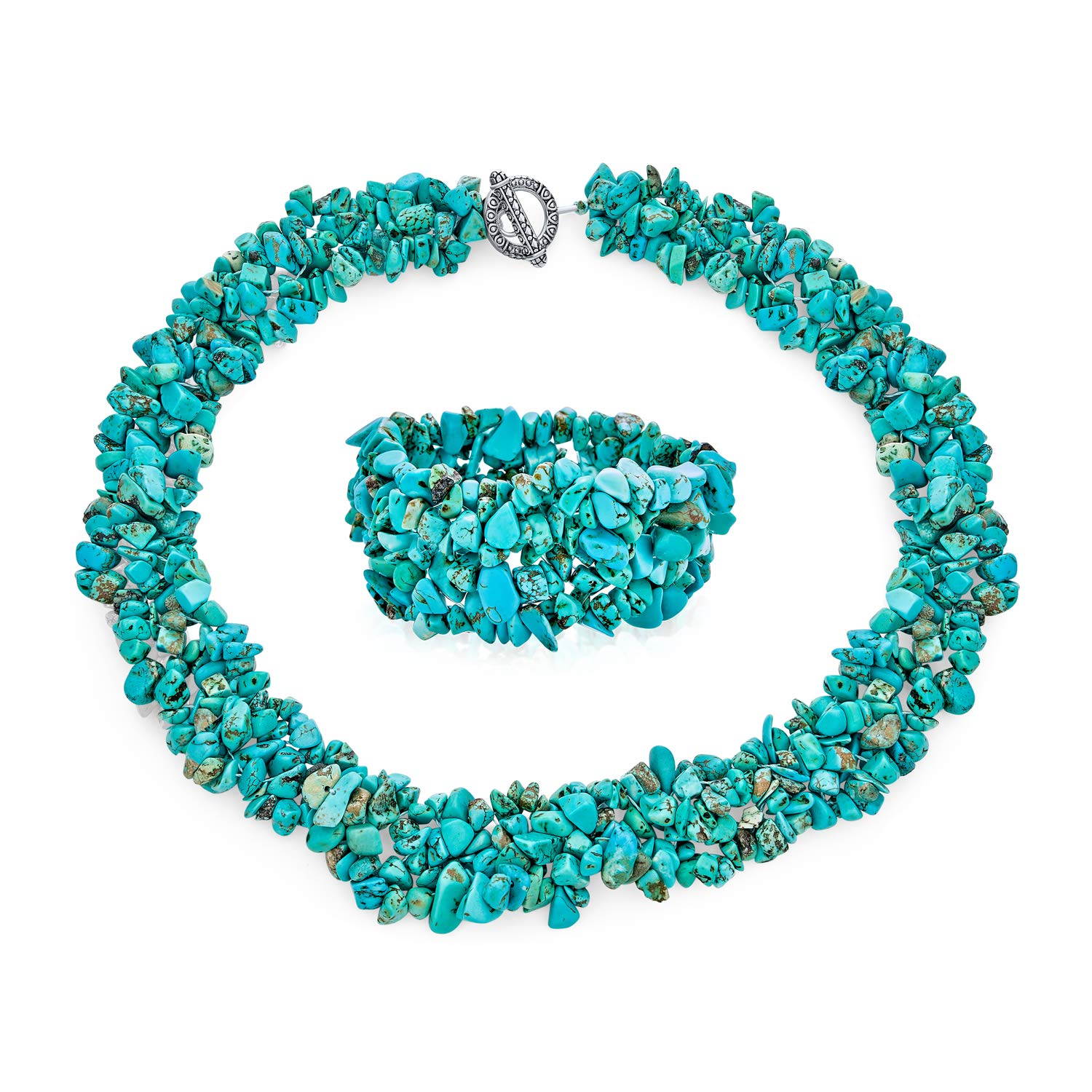 Large Wide Stabilized Turquoise Cluster Chips Bib Statement Collar Necklace Stretch Bracelet For Women Jewelry Set