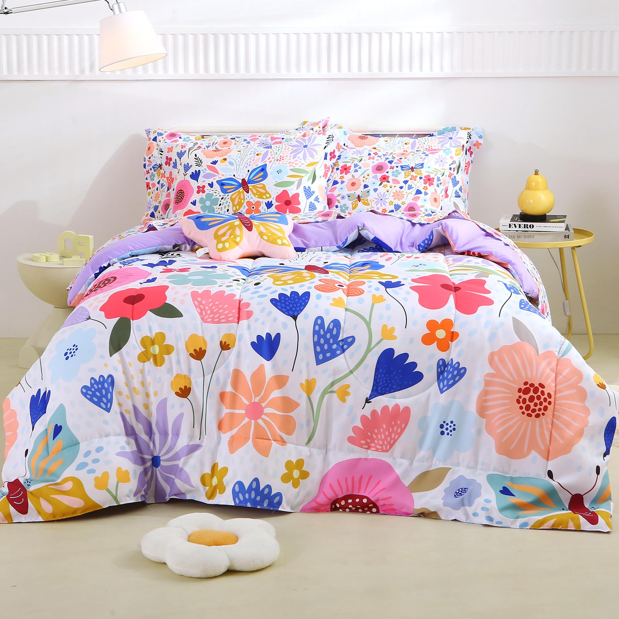 Mooreeke Full Size Comforter Sets for Girls Kids, 8 Pieces Bed in a Bag Purple Floral Butterfly Bedding Comforter Sheet Set with Shams and Decorative Toy Pillow, Ultral Soft Microfiber Kids Bed Set