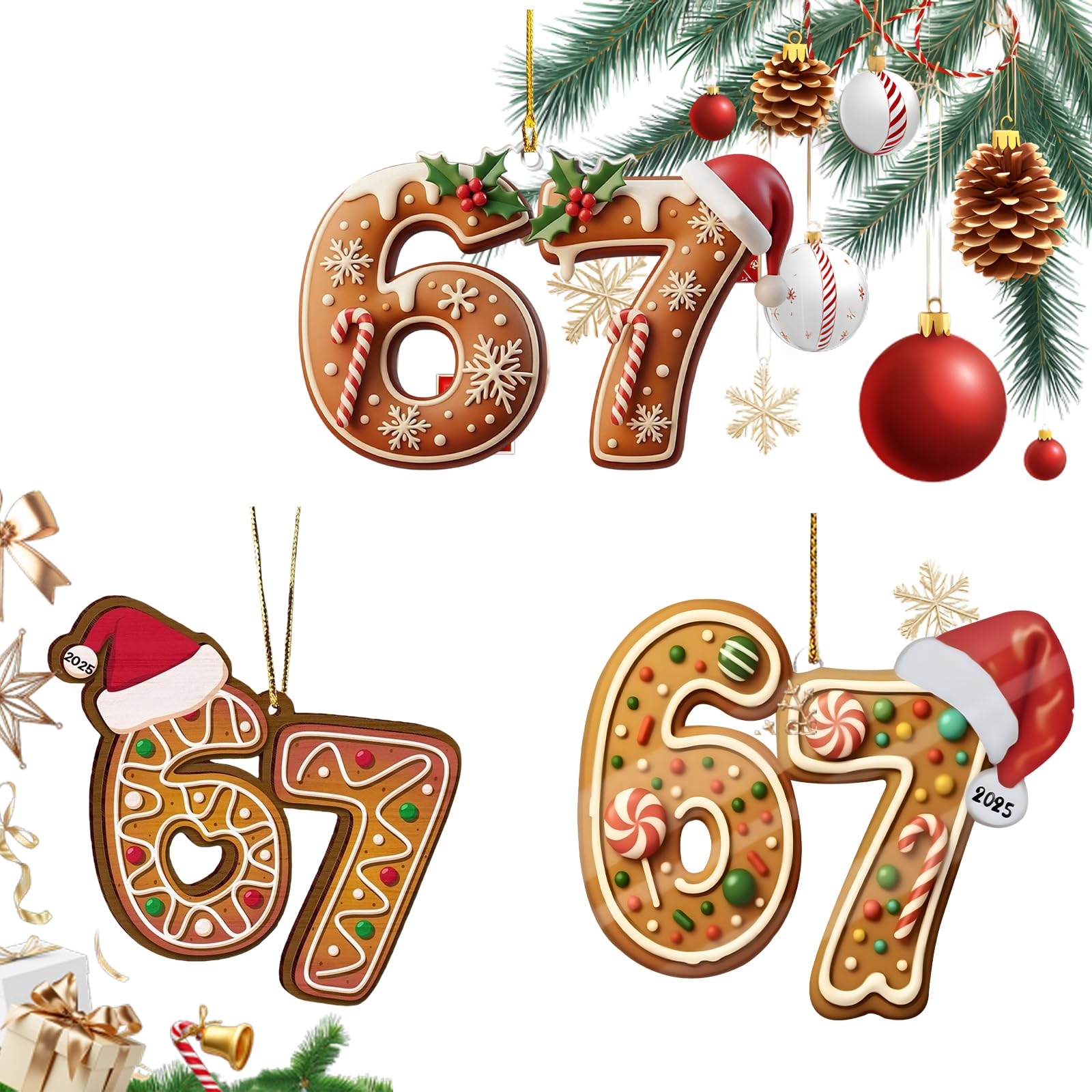 Photo 1 of 3PCS Six Seven Christmas Ornament?67 Acrylic Ornament, Funny 67 Meme Ornament?Santa Ornaments for Christmas Tree, Funny Teen Gift