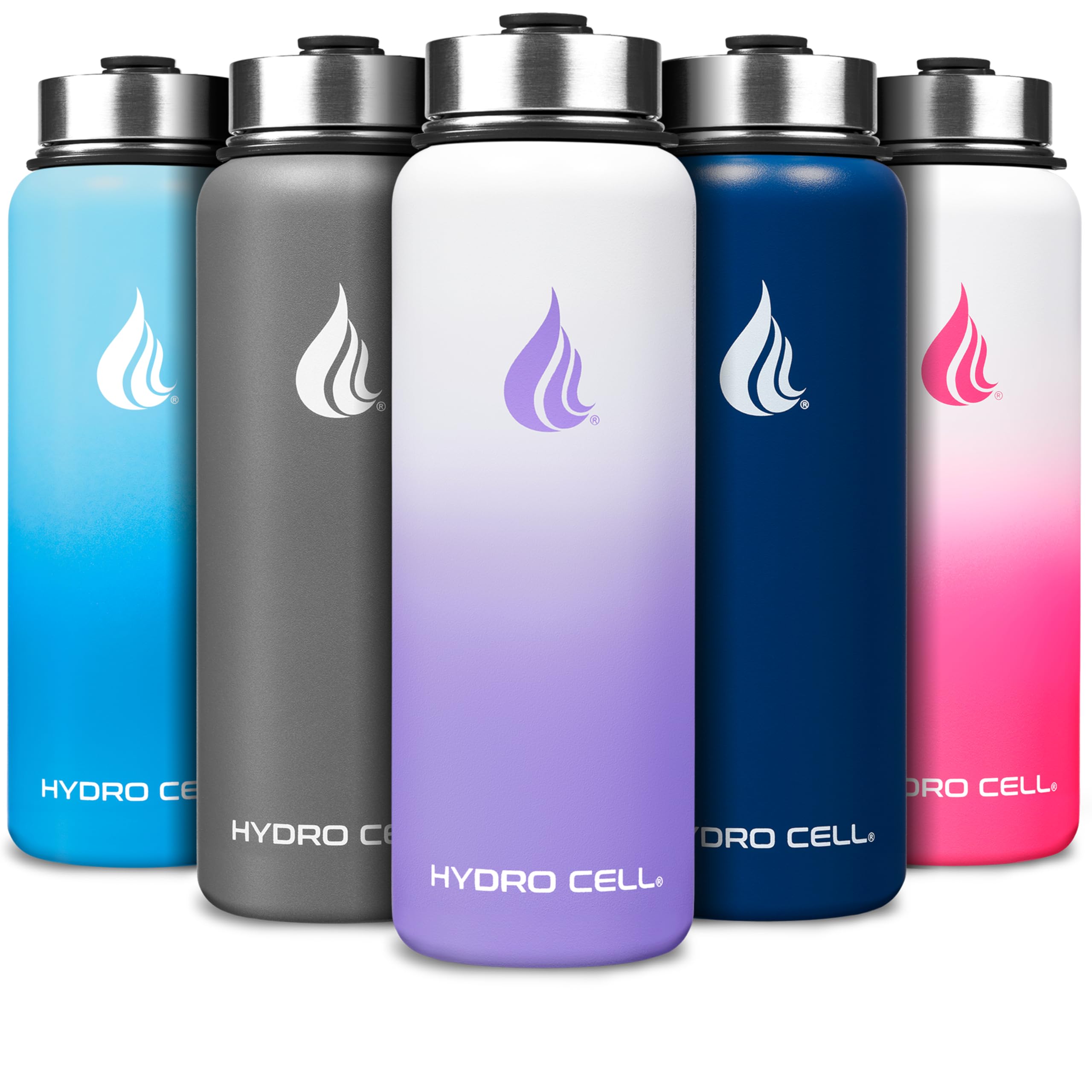 HYDRO CELL Stainless Steel Water Bottle w/Straw & Wide Mouth Lids (40oz 32oz 24oz 18oz) - Keeps Liquids Hot or Cold with Double Wall Vacuum Insulated Sweat Proof Sport Design (Lavender/White 40 oz)