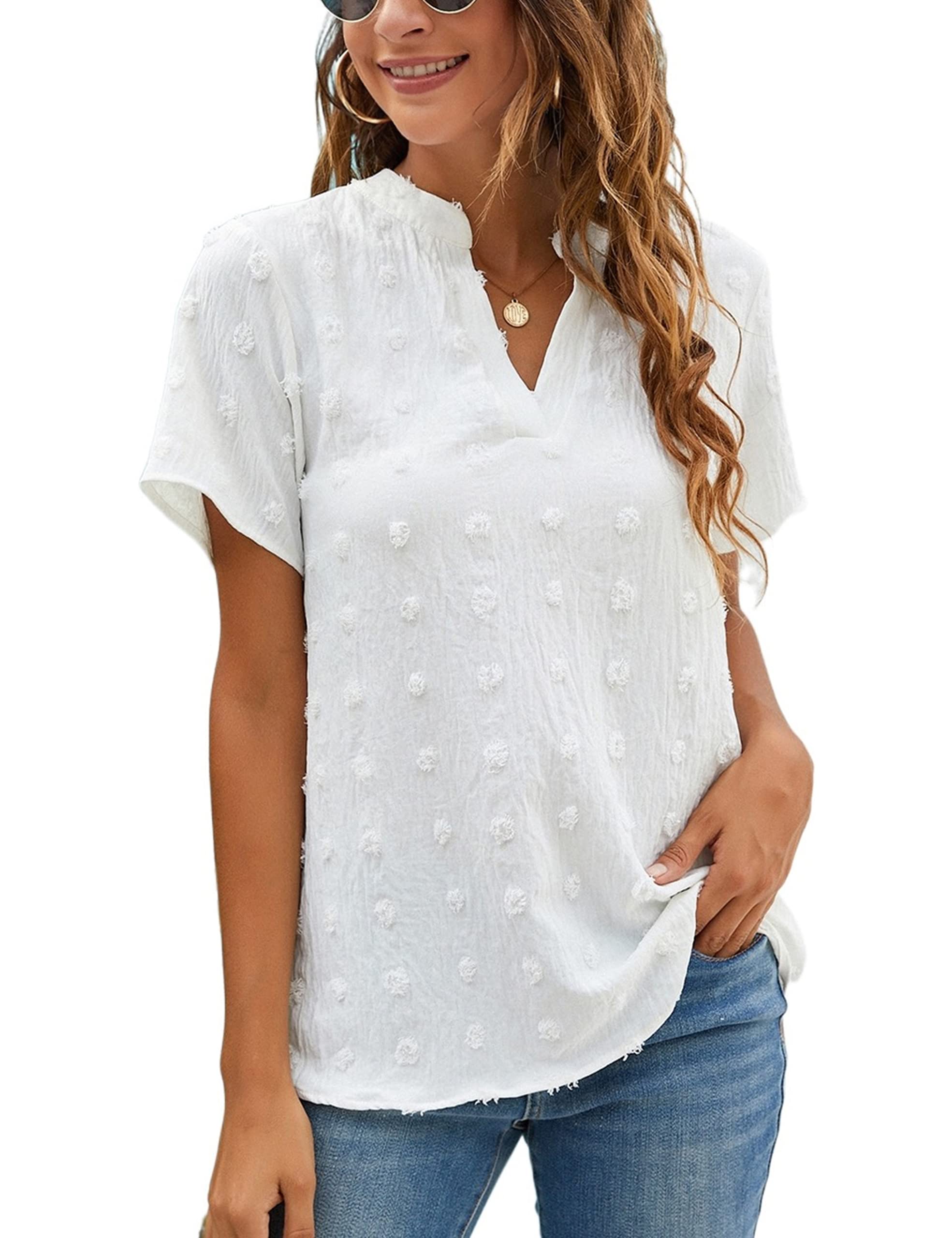 Blooming Jelly Womens White Chiffon Blouses Short Sleeve V Neck Shirts ...