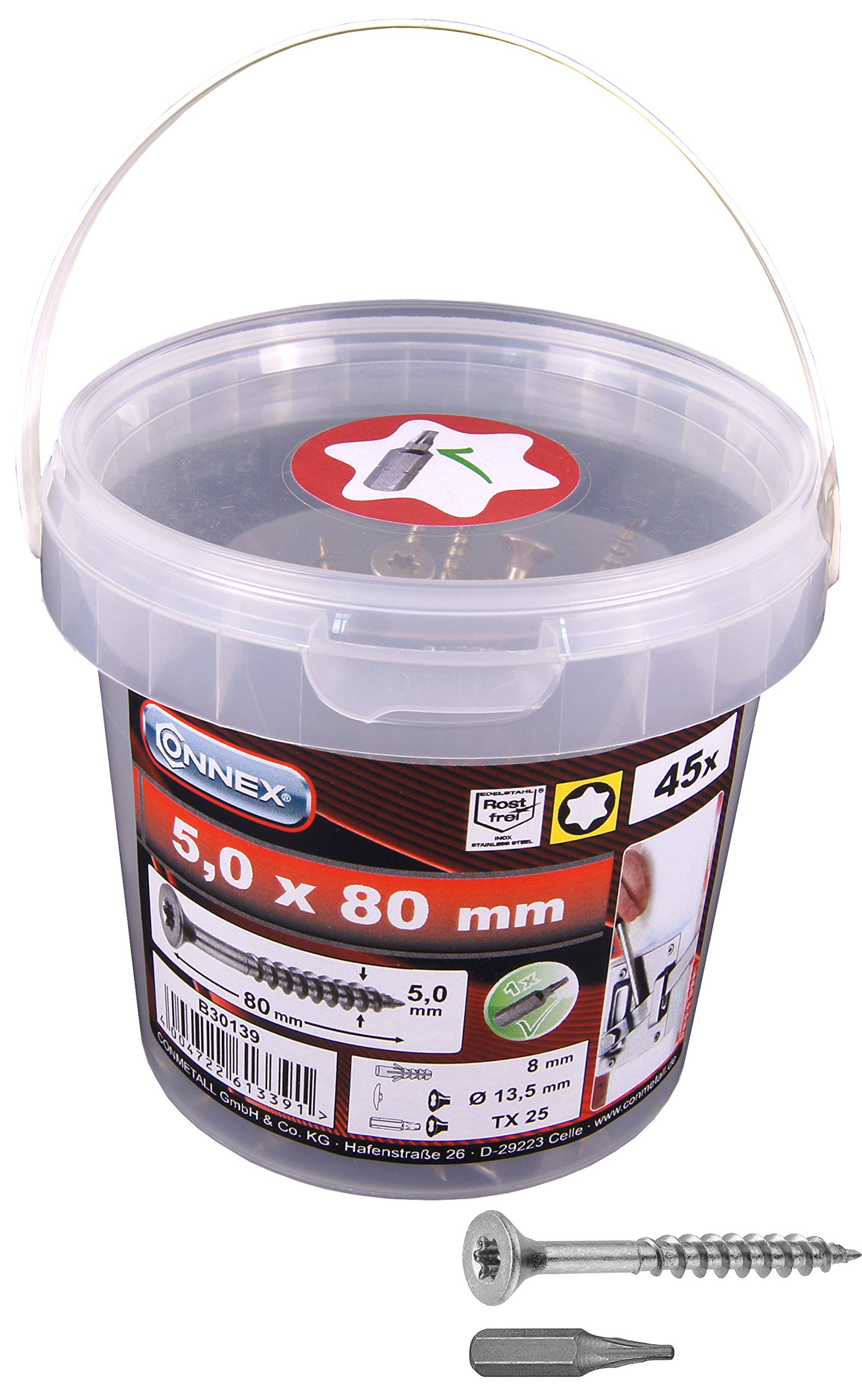 CONNEX B30139 Uni-Screws TX A2 Bucket 5,0x80, Multicolored, 5,0 x 80 mm (45 Stück) — image 1