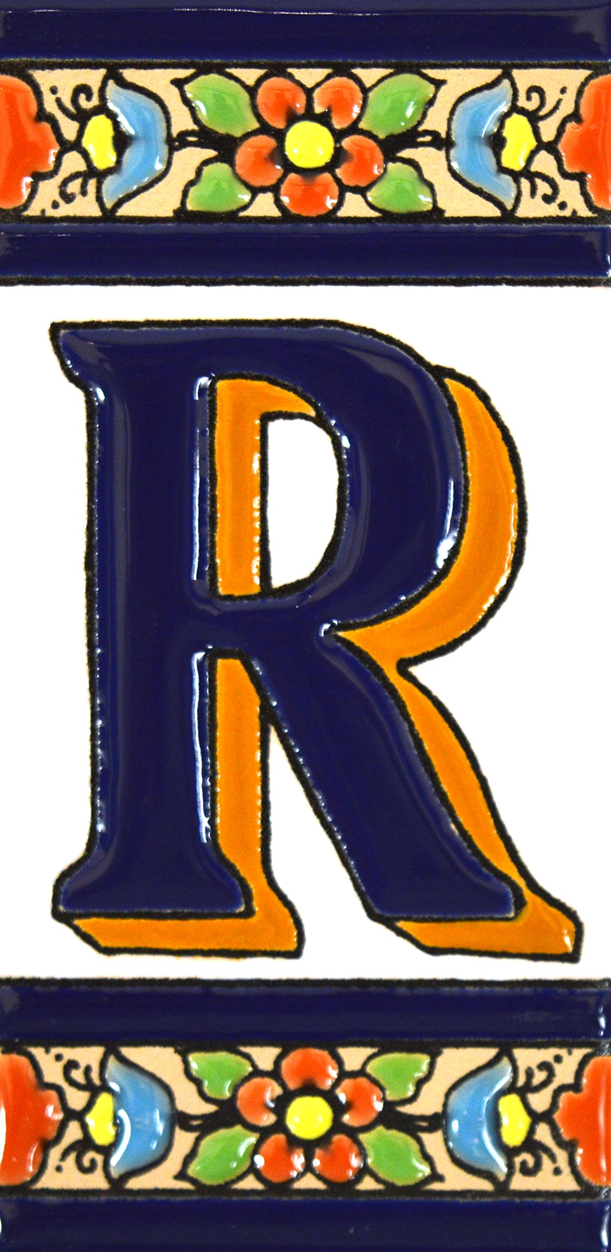 House letters 4 inch. Handpainted house letter tiles for signs, addresses and names. Address numbers for houses. House address numbers and letters. Design FLORES MEDIANO 4,29" x 2,13" (LETTER R) — image 1