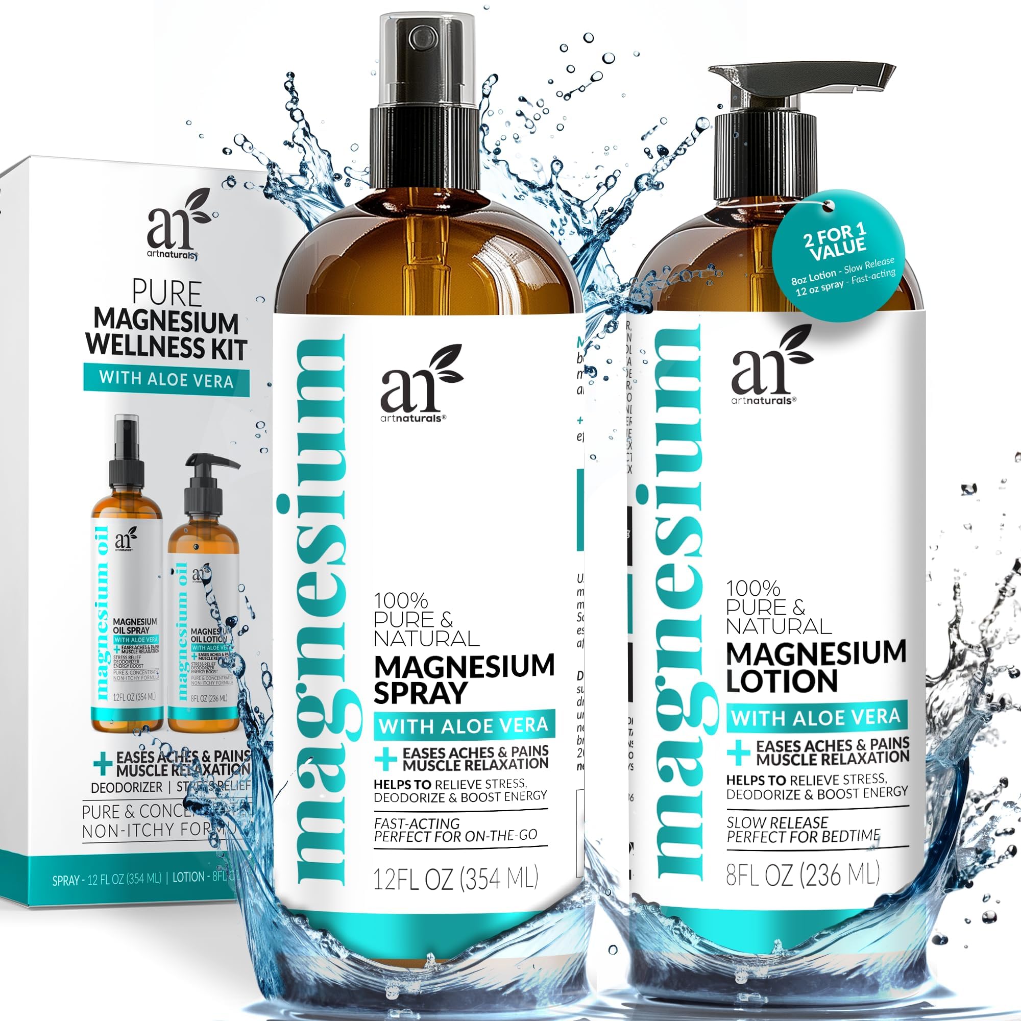 Photo 1 of ArtNaturals Magnesium Oil Spray 12 oz + Body Massage Lotion Set 8oz for Feet & Sleep - Extra Strength Cream Ultra-Pure, Relief & Relaxation, Muscle Health Leg & Joint Care Topical Non Itch