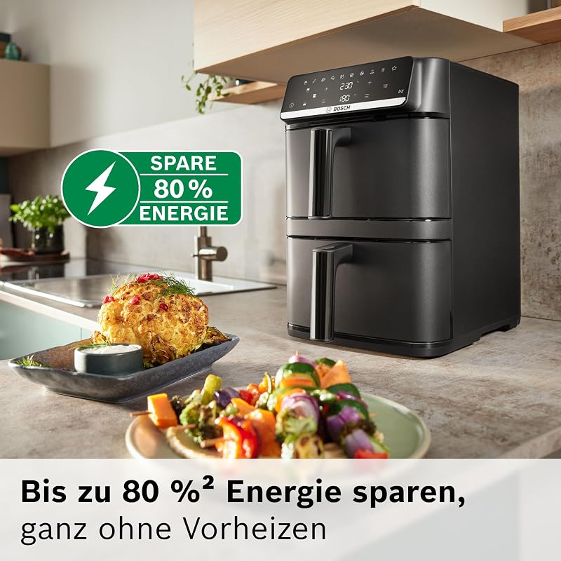 XXL Heißluftfritteuse, 12,0L Doppelkammer, platzsparend, 6 Programme, PFAS frei, schwarz, AirFryer Serie 6, MAFD661B0