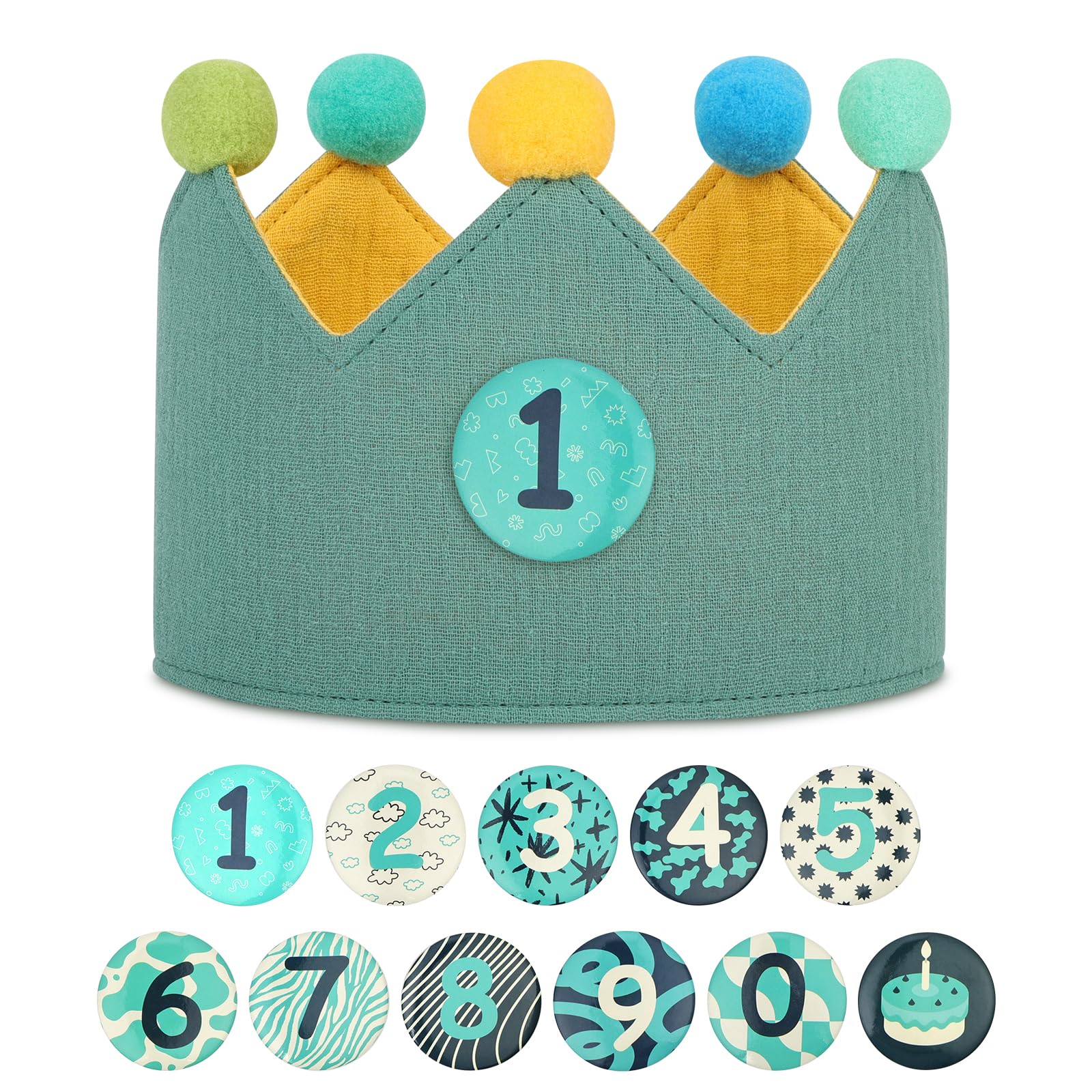 URAQT Birthday Crown for Kids, Reversible Birthday Crowns for Kids with 0-9 Replaceable Number Badges Felt Crowns Hats Fabric Crown for Boys Girls（Green + Yellow）