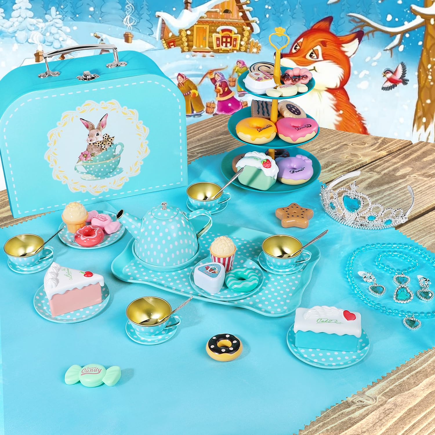 Tea Party Set for Little Girls, 49PCS Princess Tea Time Toys Including Tea Set Dessert Carrying Case, Kids Kitchen Pretend Playset (Bunny Tea Party Set Blue)