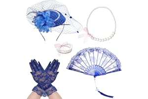 Fumwase 5Pcs Tea Party Accessories Set for Women Afternoon Tea Accessories Kit Gloves Hats Necklace Fan Bracelet