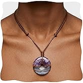 LDADAN Amethyst Agate Necklace, 30mm Circle Gemstone Pendant Necklace for women, Adjustable Natural Crystal Amulet Necklace