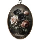 XBBMGG Vintage Moody Floral Wall Art Decor, Dark Academia Oval Wall Hanging Decor, Dark Cottagecore Flower Botanical Framed Canvas Prints for Home Bedroom Living Room Decorations, 8.6x11.4 inch