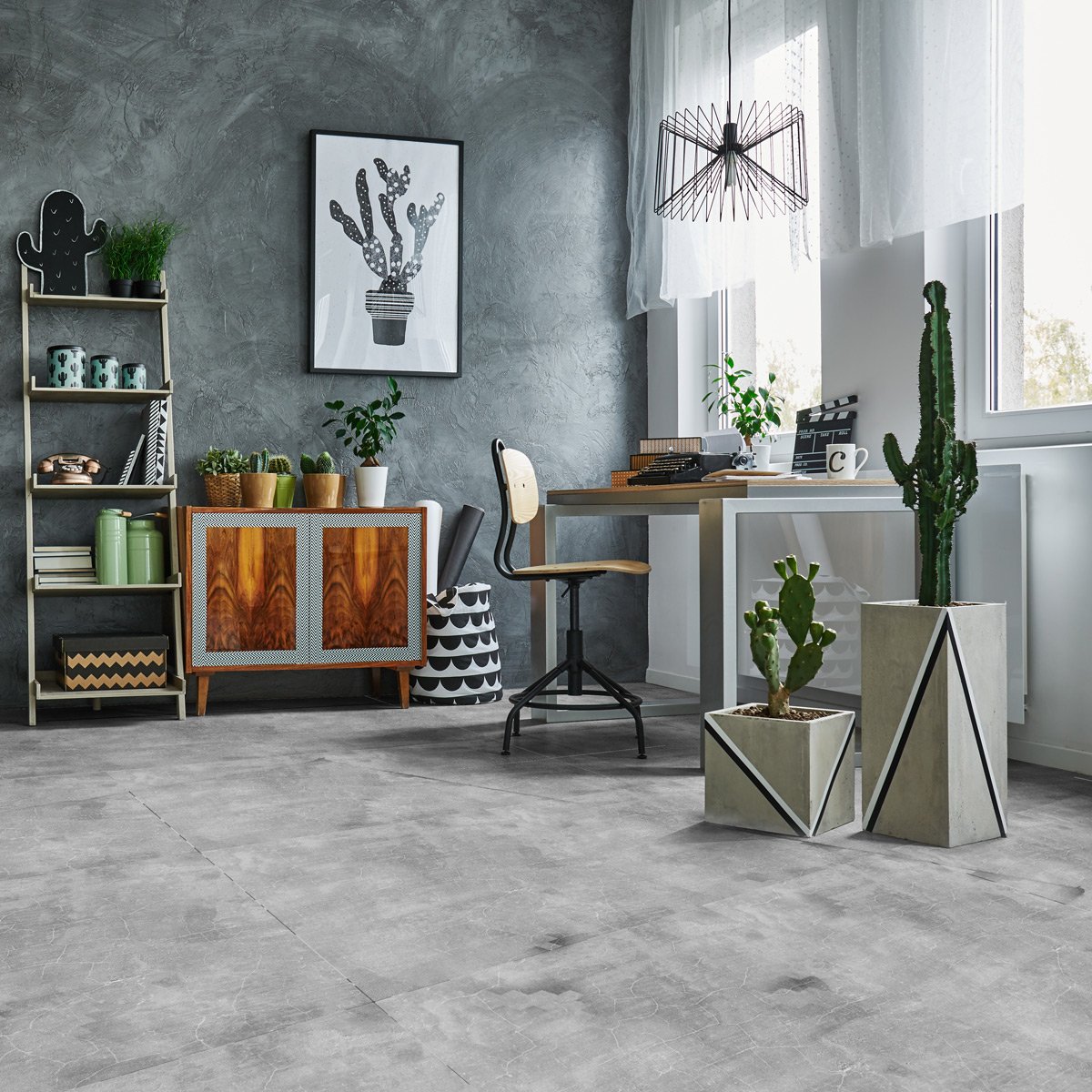 Ambiance-Live Floor Tile Stickers, Stone Glass Plastic Vinyl, Waxed Concrete Slab, 45 x 45 cm