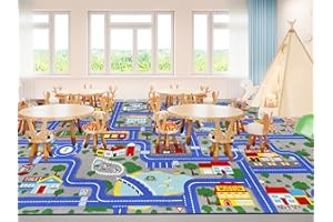 VSIWB Educational Road Traffic Carpet Kids Carpet Playmat Car Rug Fun City Life Map Kids Car Rug Non Slip Play Carpet for Children Playroom Bedroom Classroom Decor (Blue, 6'6''x9'8'')