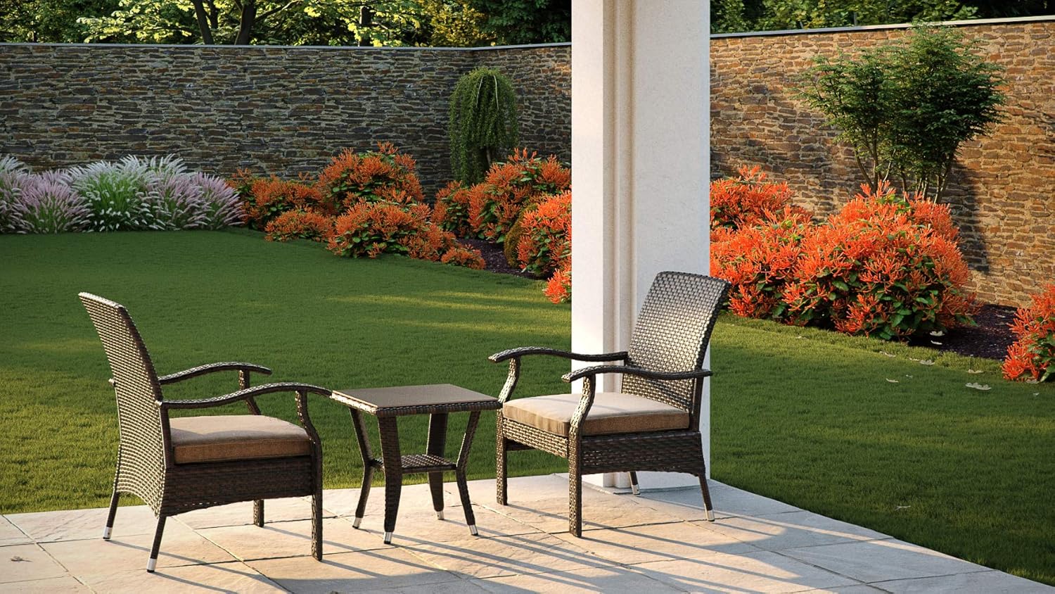 Patio Sense Miles Wicker Conversation Set, Dark Brown, 3 Piece Outdoor Bistro Set with 2 Chairs and Coffee End Table with Glass Top: Garden & Outdoor