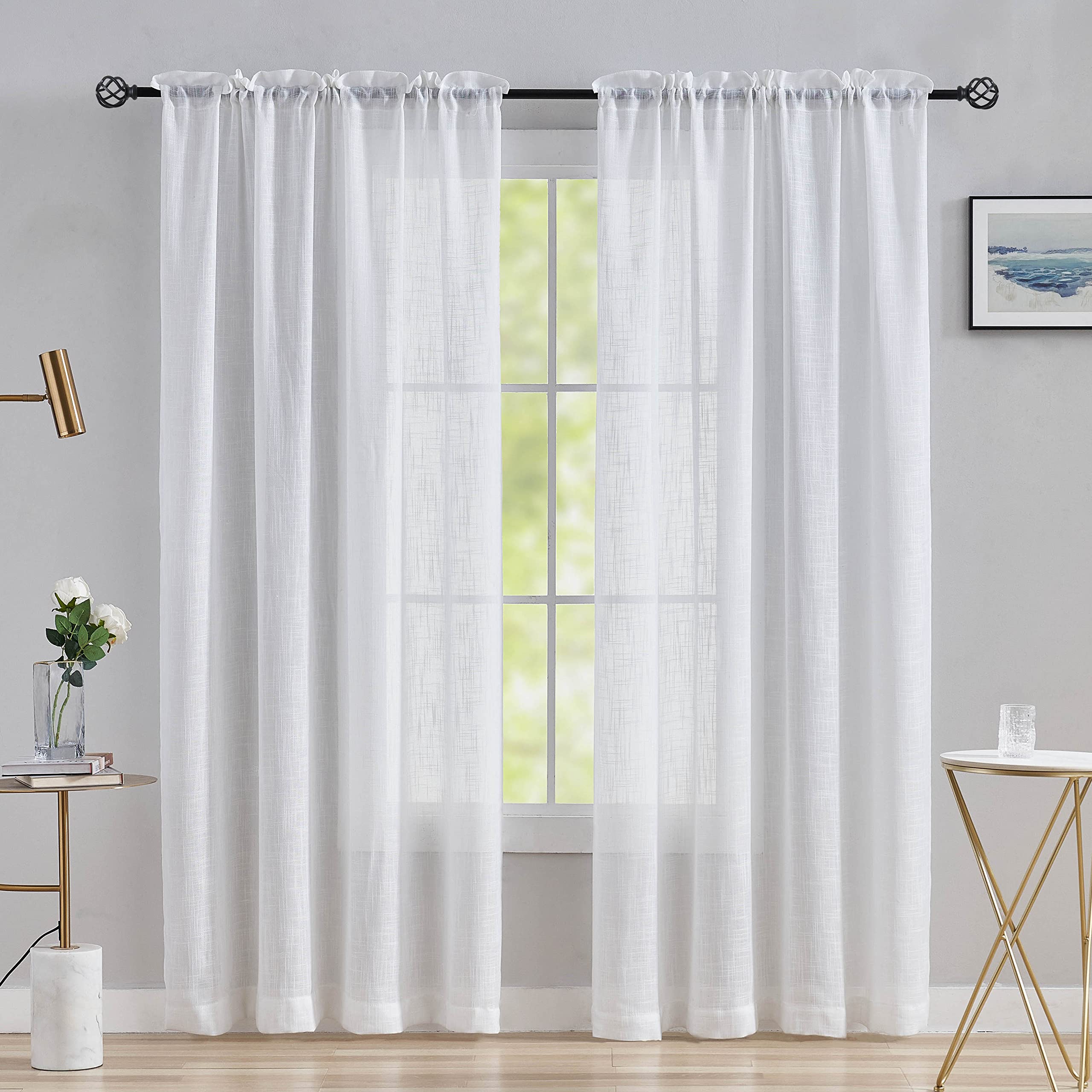 Home Brilliant White Net Curtains 96 in Drop White Linen Voile Panels Window Treatment Living Room Bedroom Curtains, 2 Panels, 54 x 96 inch Drop