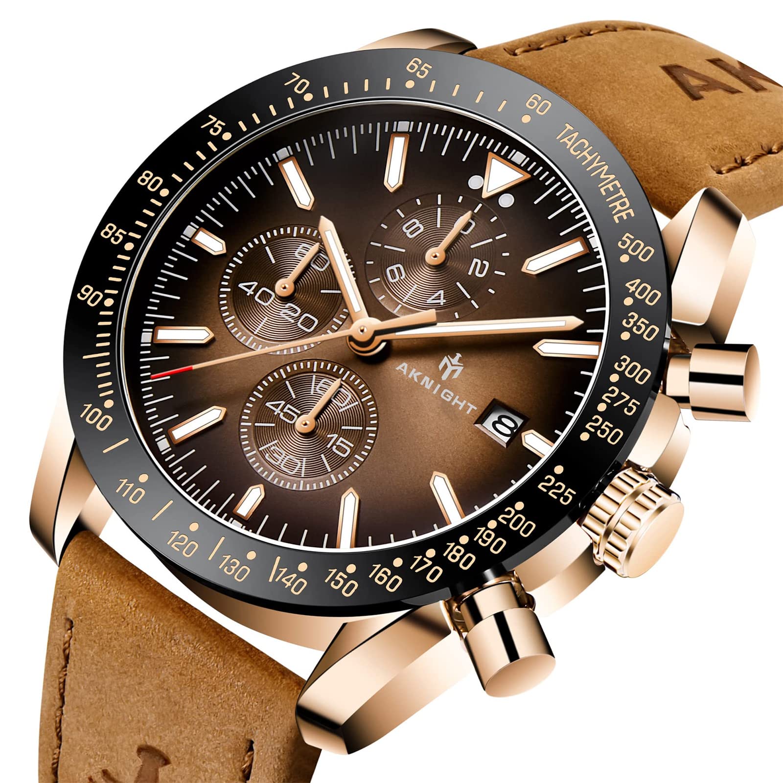 AKNIGHT Watch for Men Luxury Watches with Brown Leather Strap Timepiece Birthday Gift Wrist Watches, Luminous Sports Analog Quartz Movement Waterproof