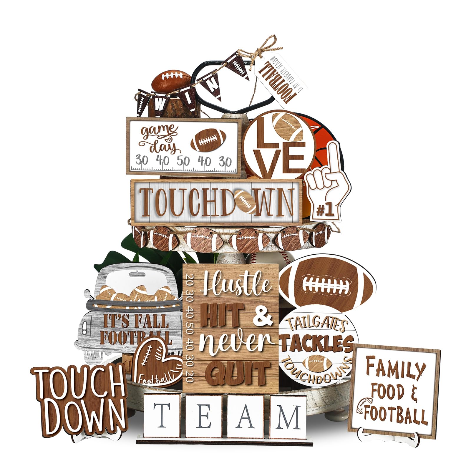 Photo 1 of FairySandy 27 Pcs Football Tiered Tray Decor Farmhouse Decorations for Home Decor Rustic Wooden Football Ornament Table Centerpieces for Fans Club Home Supplies