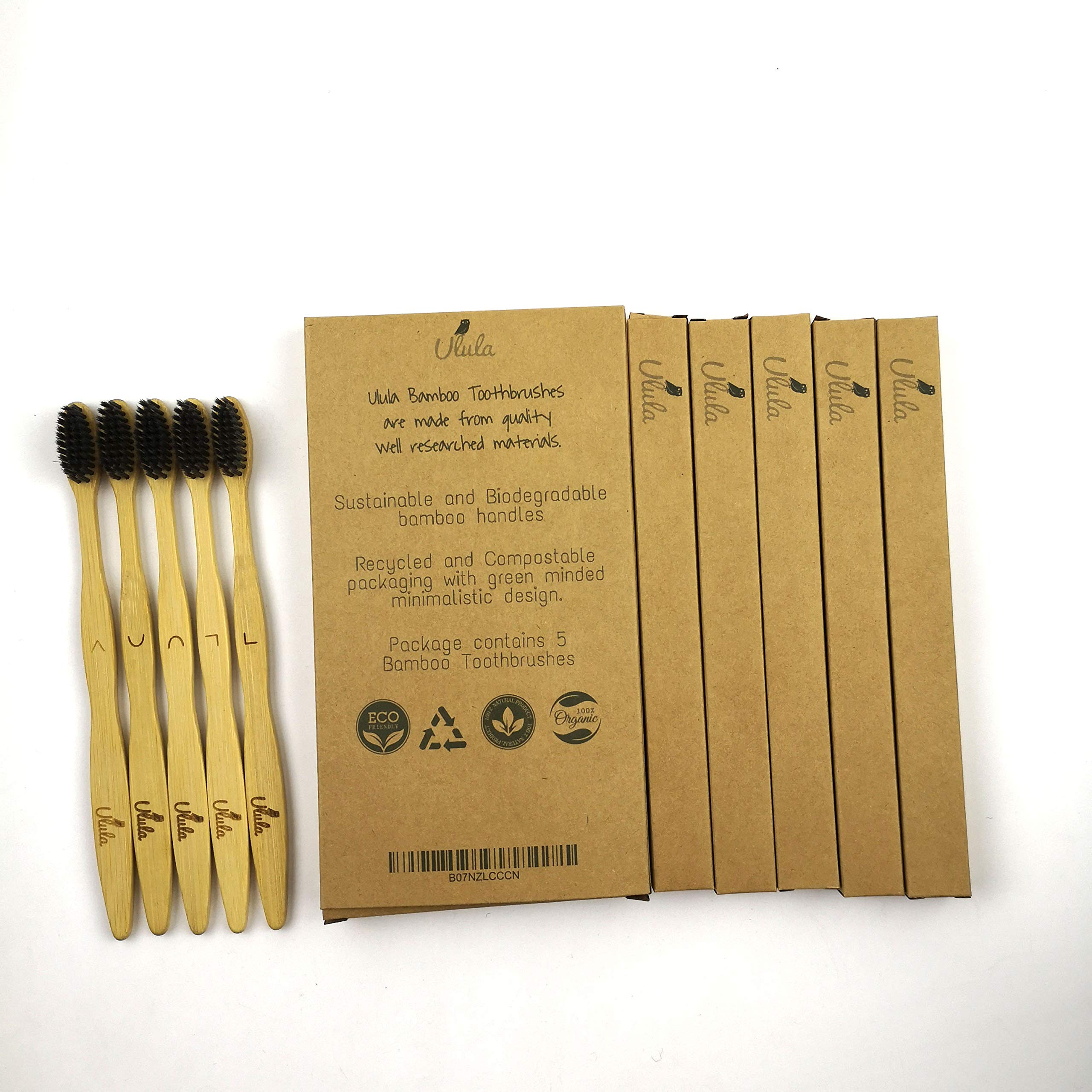 Ulula- our Best Charcoal Biodegradable Bamboo Toothbrush, Organic Eco-Friendly Bamboo with Ergonomic Handles & 100% BPA free|5 Pack (Charcoal)