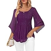 Youtalia Dressy Tops for Women Formal Elegant Blouses 3/4 Sleeve Sparkly Cocktail Party Evening Shirts