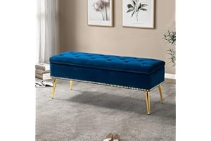 HULALA HOME Modern Velvet Storage Ottoman Bench with Gold Base & Nailhead Trim, Upholstered Bedroom Bench for End of Bed, Button-Tufted Footstool for Entryway Living Room Dining Room, Navy