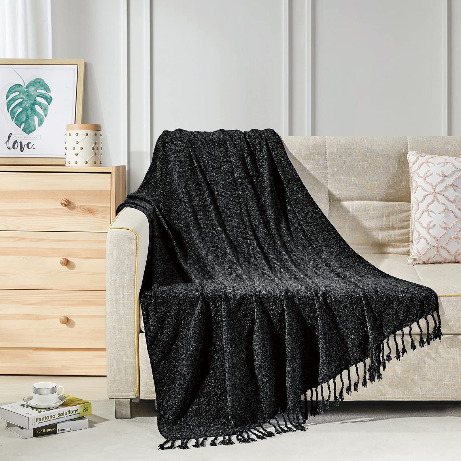 Photo 1 of BOURINA Chenille Fluffy Throw Blanket with Decorative Fringe for Couch Cover Sofa Chair Blanket?50×60 Inches? Black