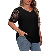 OLRIK Plus Size Tops for Women Summer Blouse Waffle Knit Short Lace Sleeve Shirts