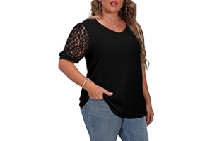 OLRIK Plus Size Tops for Women Summer Blouse Waffle Knit Short Lace Sleeve Shirts
