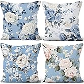 Vie Savaran 4 Pcs/Set Floral Pillow Covers Spring Blooming Flowers Rustic Bouquet Blue Watercolor Square Romantic Rose Throw Pillow Cases for Sofa Couch Bedroom Home Office Outdoor Decoration 18"x18"