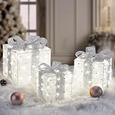 Christmas Lighted Gift Boxes 140 LEDs Christmas Decoration Set of 3, Silver | 8 Modes &amp; Timer Function Plug-in Lighted Boxes, Light Up Presents, Xmas Decor for Holiday Party Indoor Outdoor
