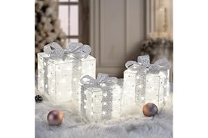 ELEGEAR Christmas Lighted Gift Boxes, 140 LEDs Light Up Presents Christmas Decoration, 8 Modes & Timer Function Plug-in Lighted Boxes, Set of 3 Xmas Decor for Holiday Party Indoor Outdoor