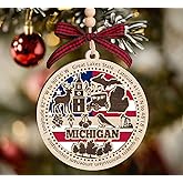 BurkeDesign Michigan State Wooden Ornament - States Christmas Ornaments - Mi State - Moving to Michigan Gift - First Christmas to Mi - 2 Layer Ornament Wooden 4Inch