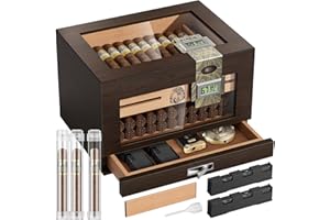 TISFA Cigar Humidor Cedar Wood Cigar Box with 2 Digital Hygrometer, 2 Humidifiers, Cedar Tray, Divider, Accessory Drawer, Glass Top Large Desktop Humidors and Acrylic Travel Cigar Tube Gifts Set