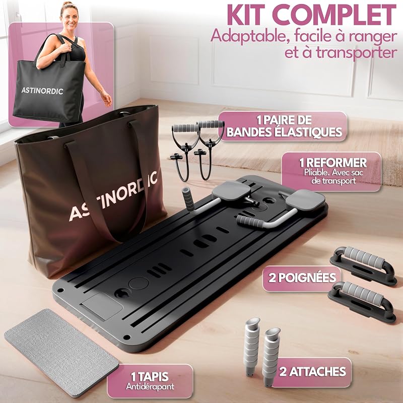 Reformer Pilates Pliable avec Accessoires & Guide 10 Exercices – Pilates Reformer Machine, Pilates Board / Planche Pilates, Mini Reformer Pilates, Appareil de Sport Maison (Noir)